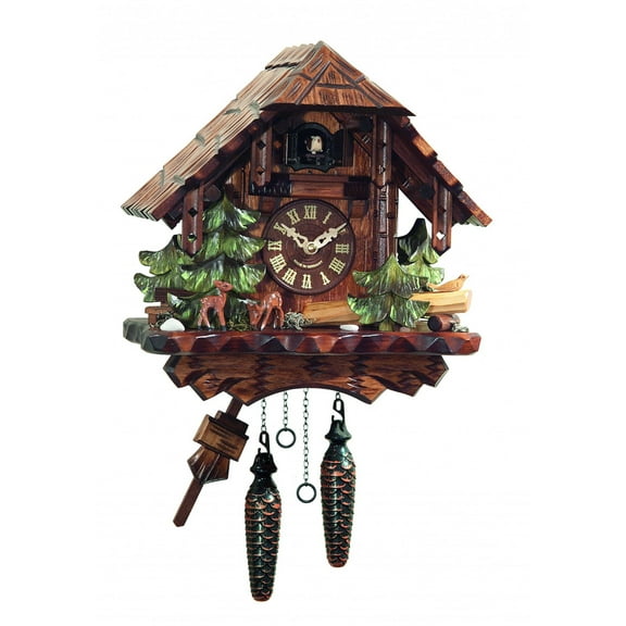 Quartz Cuckoo Clock Black Forest house with moving wood chopper, with music