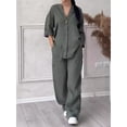 thumbnail image 4 of Conjunto de dos piezas de algodón y lino con cuello en V para mujer, Top de camisa, pantalón de pierna ancha, traje de manga larga, moda informal, otoño y primavera, 4 of 5