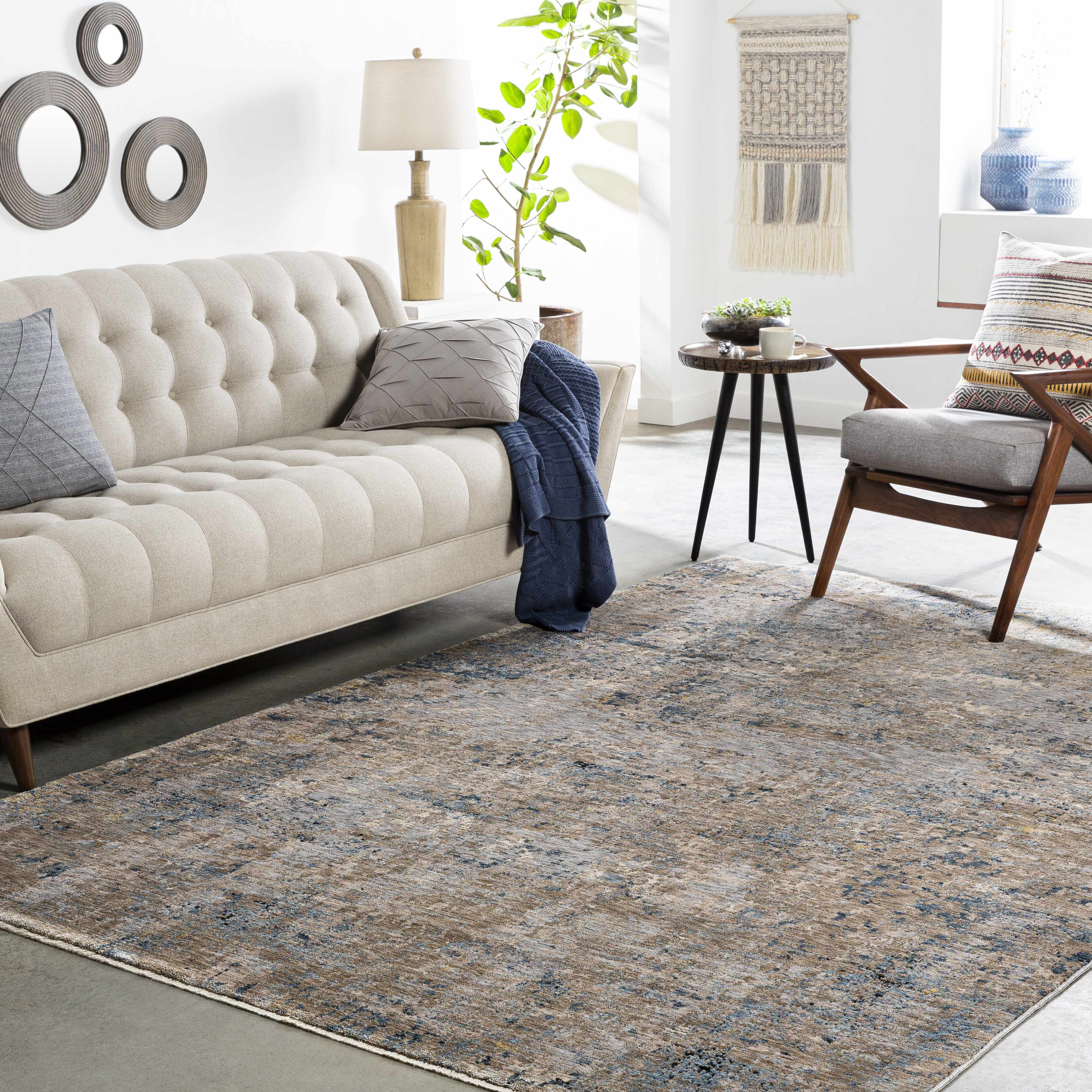 Hauteloom Gorokan Contemporary Abstract Living Room Bedroom Dining Room Area Rug - Modern Distressed Bohemian Carpet - Brown, Cream, Beige, Brown, Gray - 6'7" Round