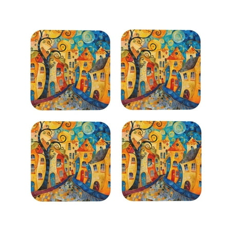 

Leather Coasters with Heat-resistant for Drinks Whimsical Colorful Village Scene Cup Coasters Cup Pad Mat for Tabletop Protection Coffee Table Office Desk and Housewarming Gift