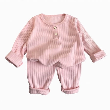 CAUYDYBaby Boys And Newborn Ribbed Long Sleeve Tops and Pants 2 Piece Warm Homewear Set(L101-Pink 2-3 Y)