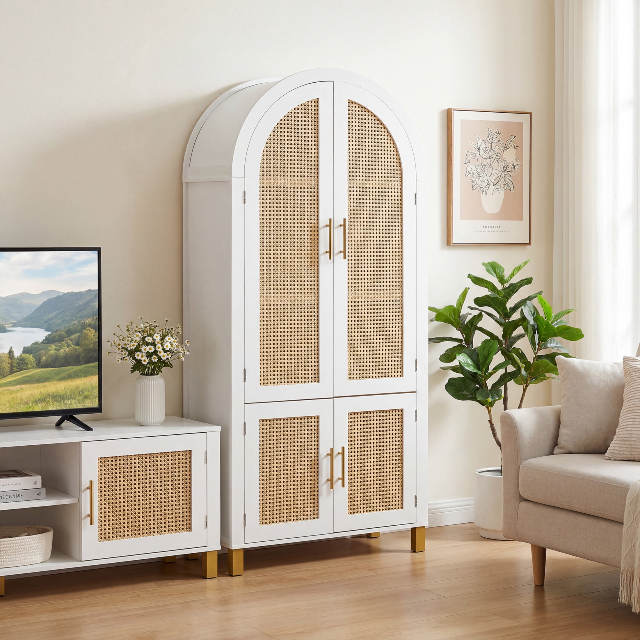 Noble House 71" Farmhouse Arched Storage Cabinet with Rattan Doors, Adjustable Shelves, White