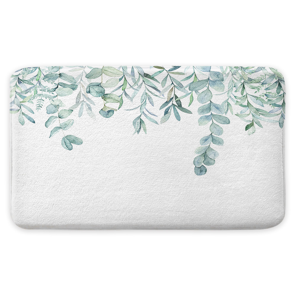 Green Leaf Bath Mat, Sage Green Botanical Leaves Eucalyptus Border