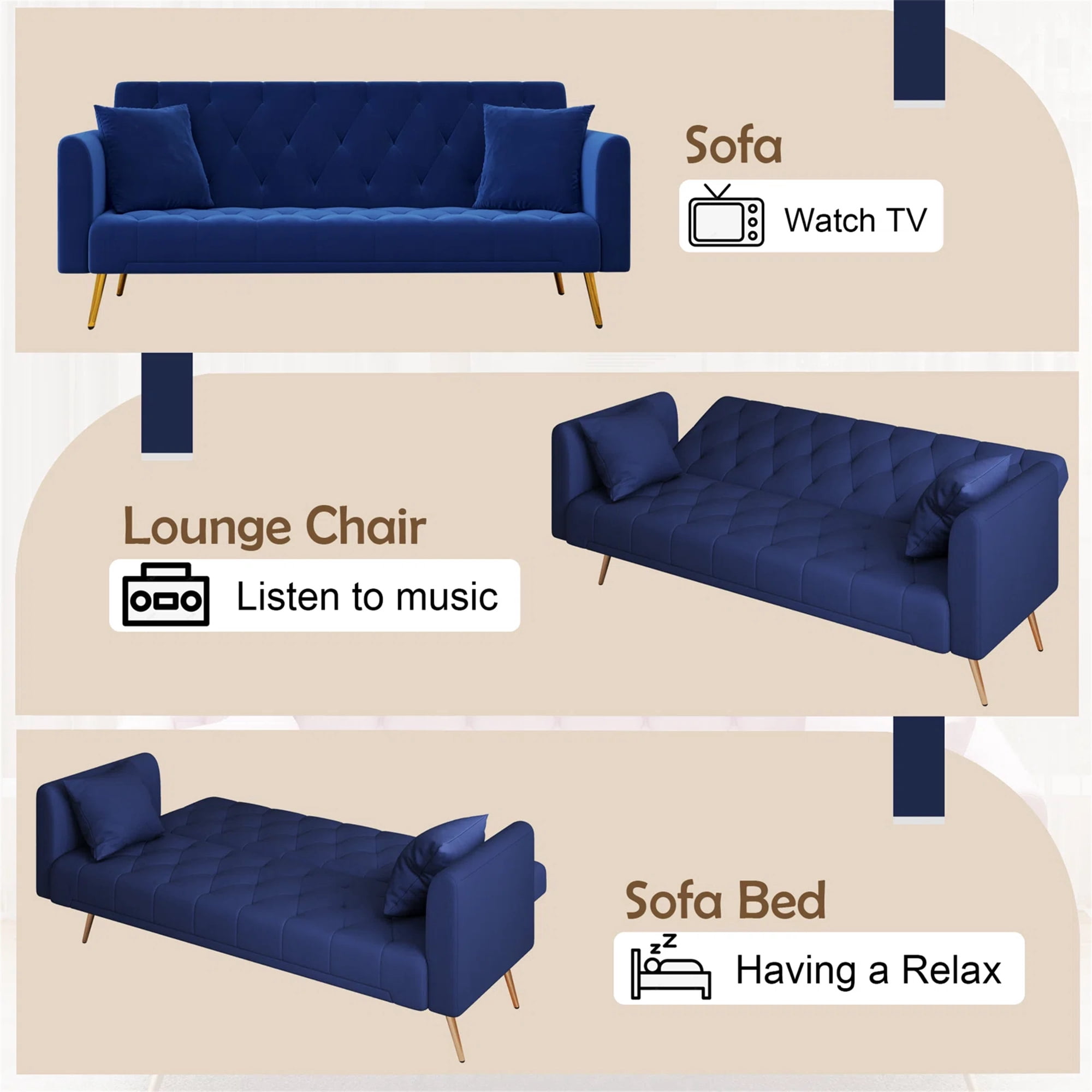Aukfa Curved Arm Futon Convertible Sofa Bed for Home Office, 2 Pillows, Tufted Back, Velvet, Blue
