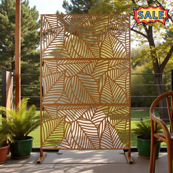 Tcbosik Metal Privacy Screen Outdoor, 76"H x 48"W Freestanding Decorative Privacy Screen for Patio Deck Balcony Garden, Brown