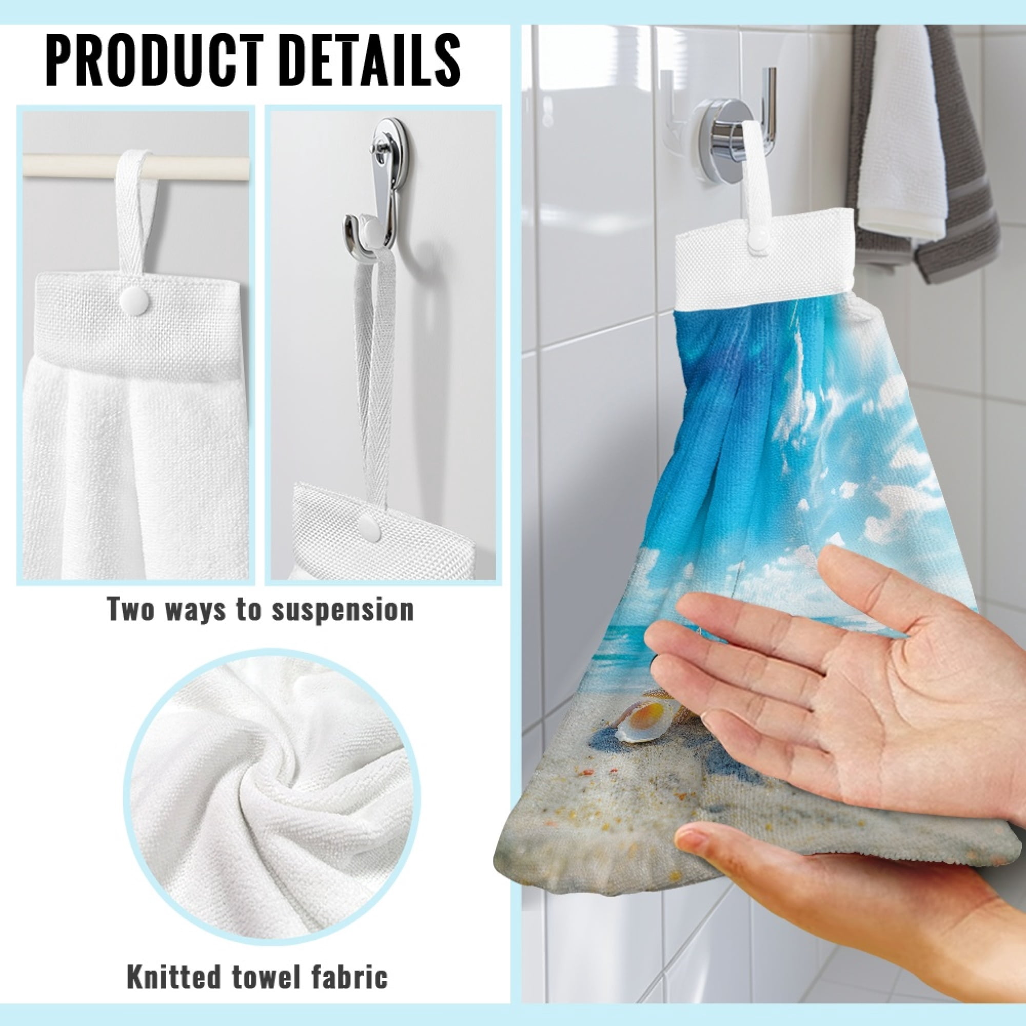 ZIATUBLE Beach Ocean Hand Towels with Loop Starfish Towels for Kitchen Drying Set 2 Piece Breathable Bathroom Hand Bath Towel with Snap Button Dish Towels for Kitchen Decorative Hand Tie Towel