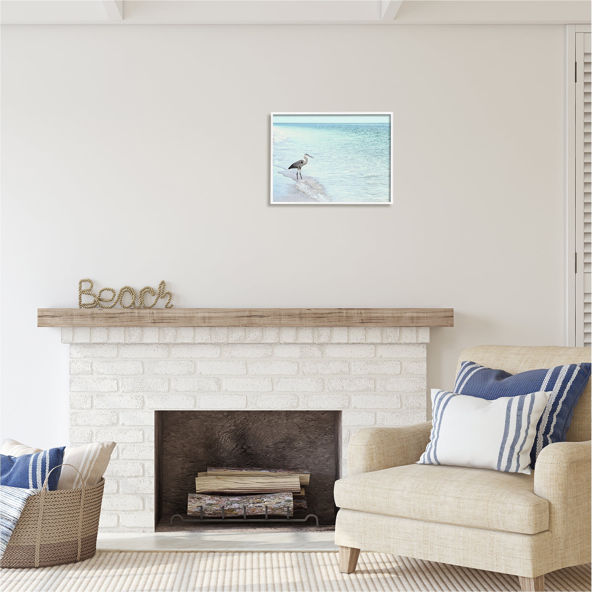 Stupell Industries Heron on Coastline Landscape Photography White Framed Art Print Wall Art, 20 x 16