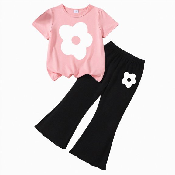 Gibobby Girls Summer Casual Outfit Letter Print Short Sleeve Top with Flare Leg Pants 12 18 24 Months 2T 3T 4T 5T Two Piece Set Clothes(4-5 Years,J)