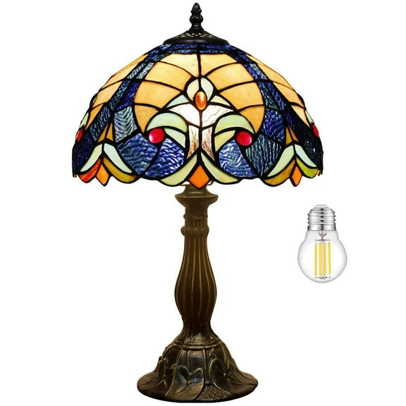 Tiffany Style Lamp Stained Glass Bedside Table Lamp Blue Yellow Liaison Reading Desk Light 18" Tall Living Room Bedroom Banker Traditional Boho Victorian Memory Sympathy WERFACTORY LED Bulb Included