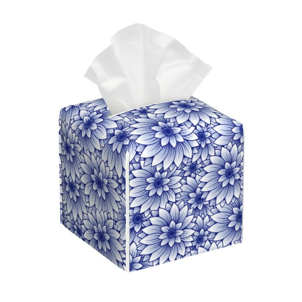 Balery Blue And White Flowers Porta Pañuelos de Cuero con Estampado – Funda Moderna Cuadrada para Caja de Pañuelos, Dispensador 5x5x5''