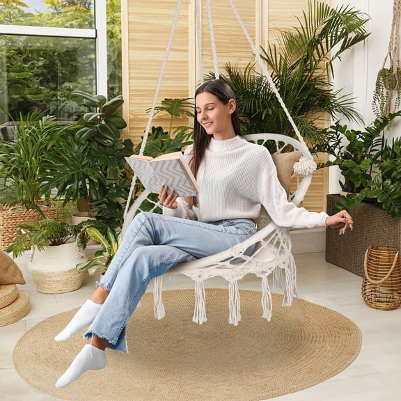 SONGMY Beige Hammock Chair, Hanging Cotton Rope Macrame Swing Seat with Stand, Indoor Outdoor Porch Patio Hanging Chair