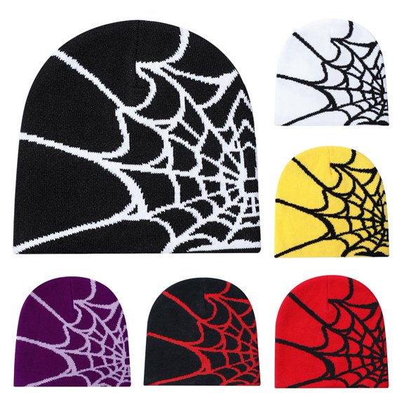 Pink Season Unisex Winter Hat Spider Web Jacquard Knitted Dome Elastic Contrast Color Brimless Cold Weather Cap Cosplay Club Party Headwear