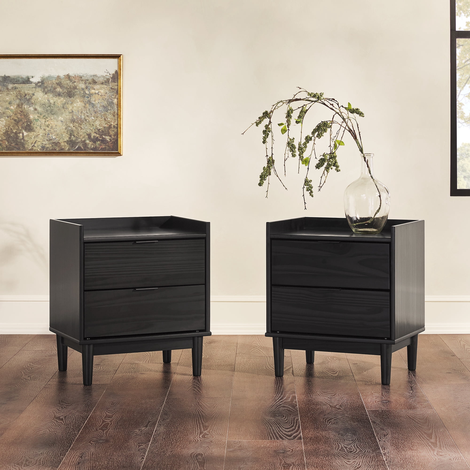 Walker Edison Mid-Century Modern Gallery-Top 2-Drawer Nightstand, 2 Pack, Black