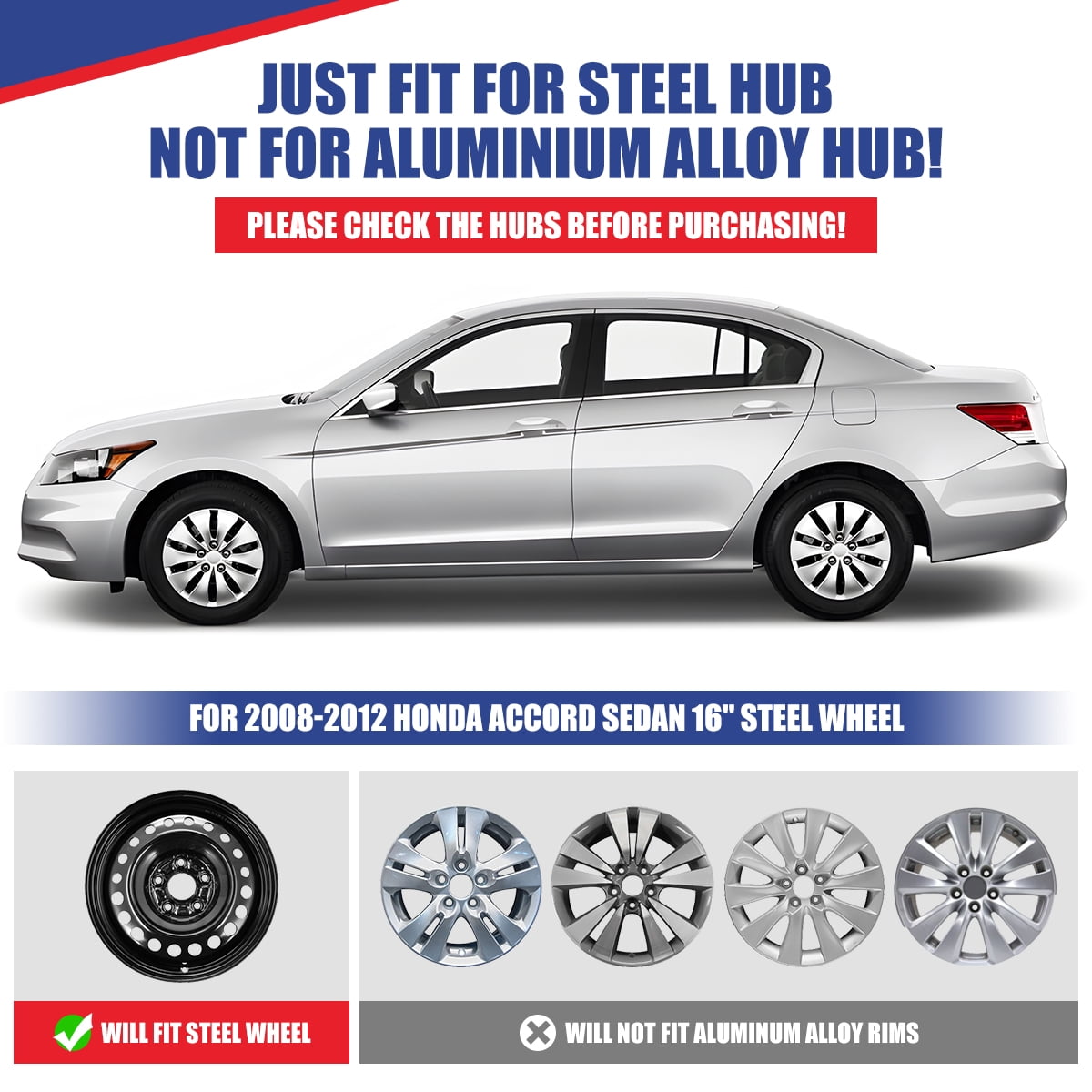 4 Pack 16 inch Hubcaps for 2008-2012 Honda Accord Sedan,Wheel Cover Replacement Fit for Steel Wheels,Bolt-on Car Truck SUV Hub Cap,Lacquer