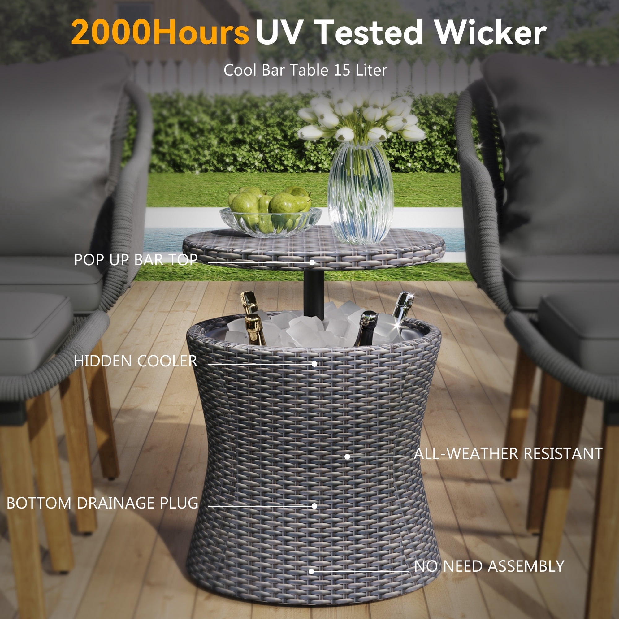 SYNGAR 5 PCS Outdoor Rattan Furniture Set, Rattan Patio Chair Set with Ottoman and Wicker Bar Table, All-Weather Patio Lounge Chairs set for Backyard, Deck, Balcony,Poolside,Gray