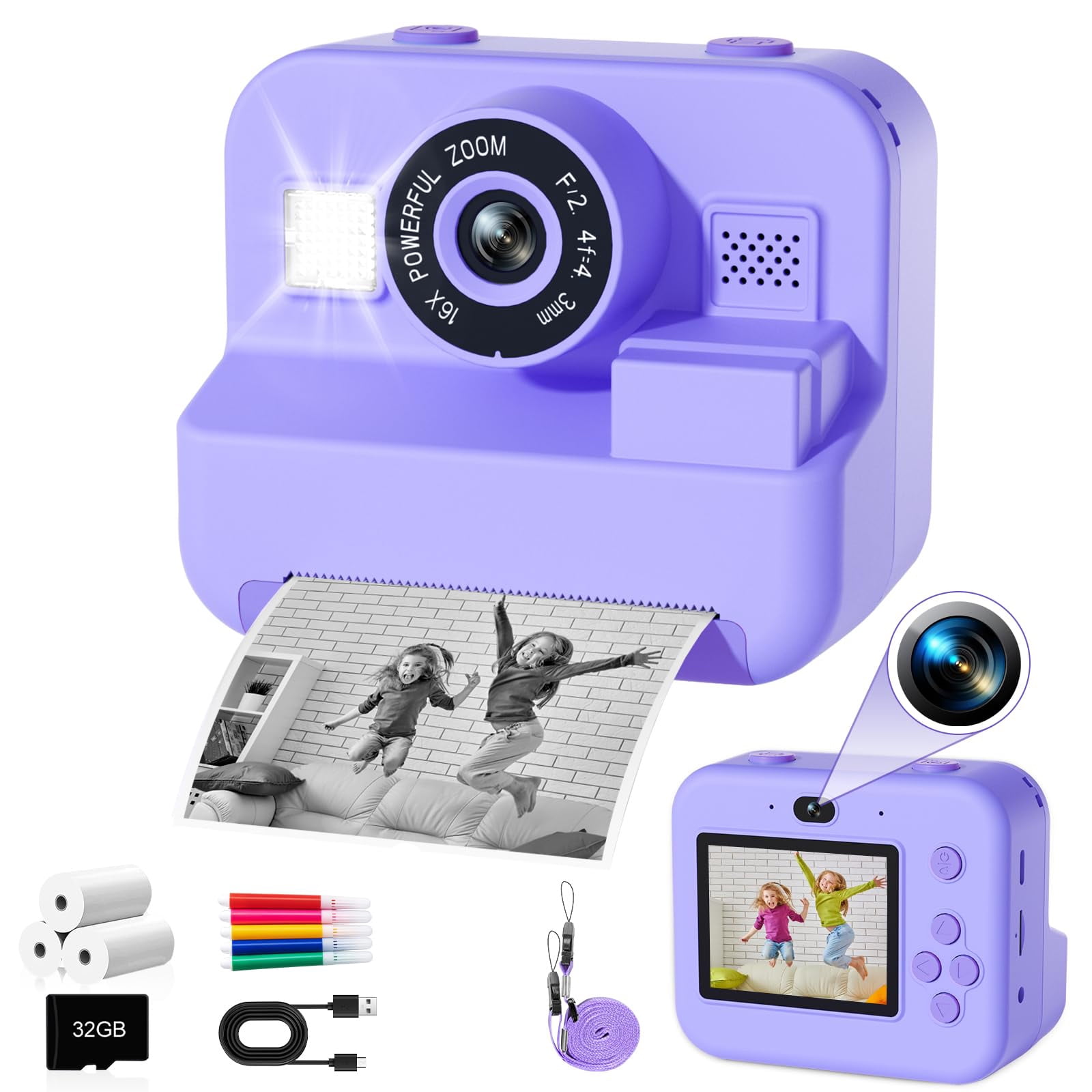 Appareil Photo Instantané Enfant Gofunly – 2,4 Pouces, 12MP, 1080p, Impression Zéro Encre, 32Go – Cadeau 3-12 Ans