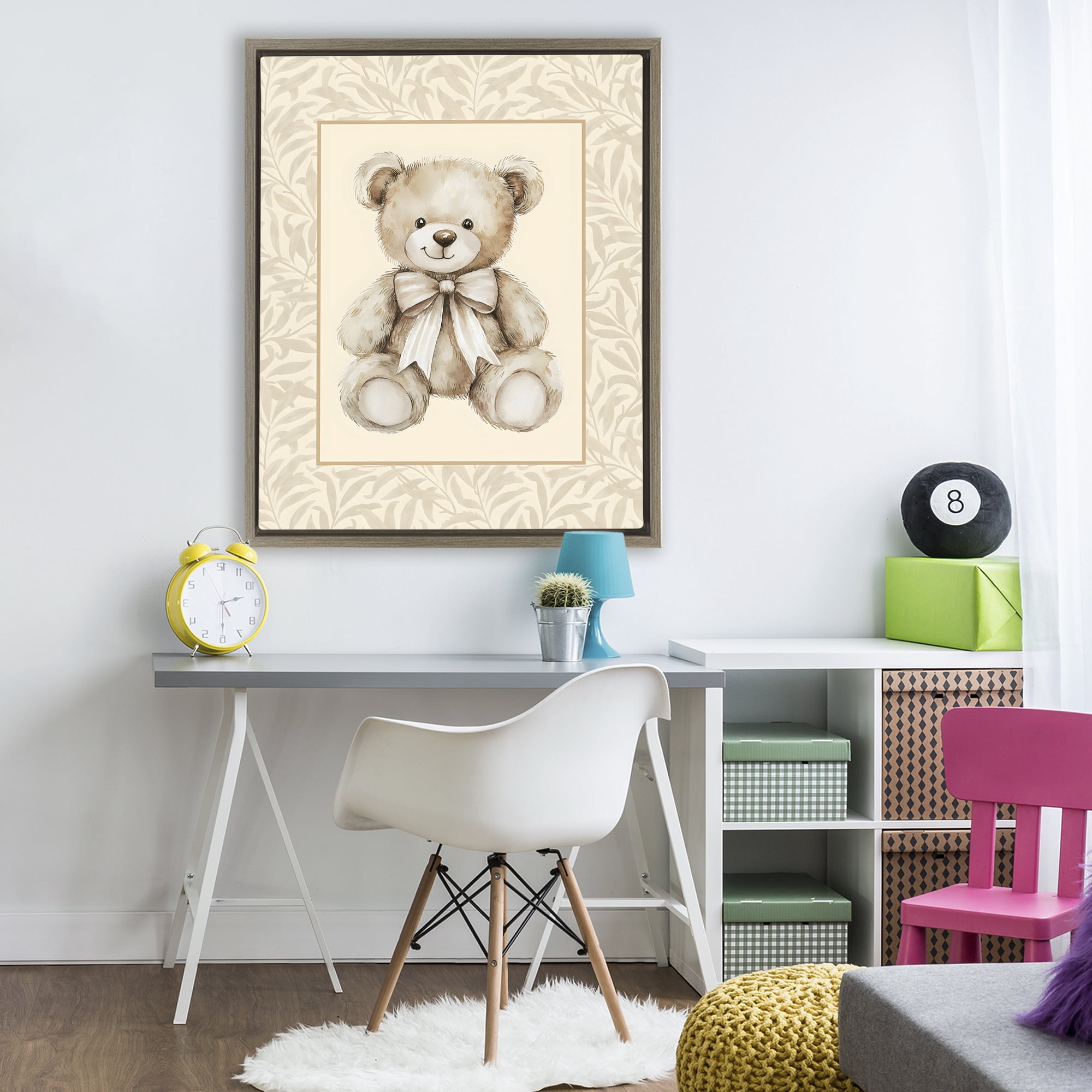 Stupell Industries Beige Teddy Bear and Border Brown Framed Floater Canvas Wall Art, design by LSR Design Studio