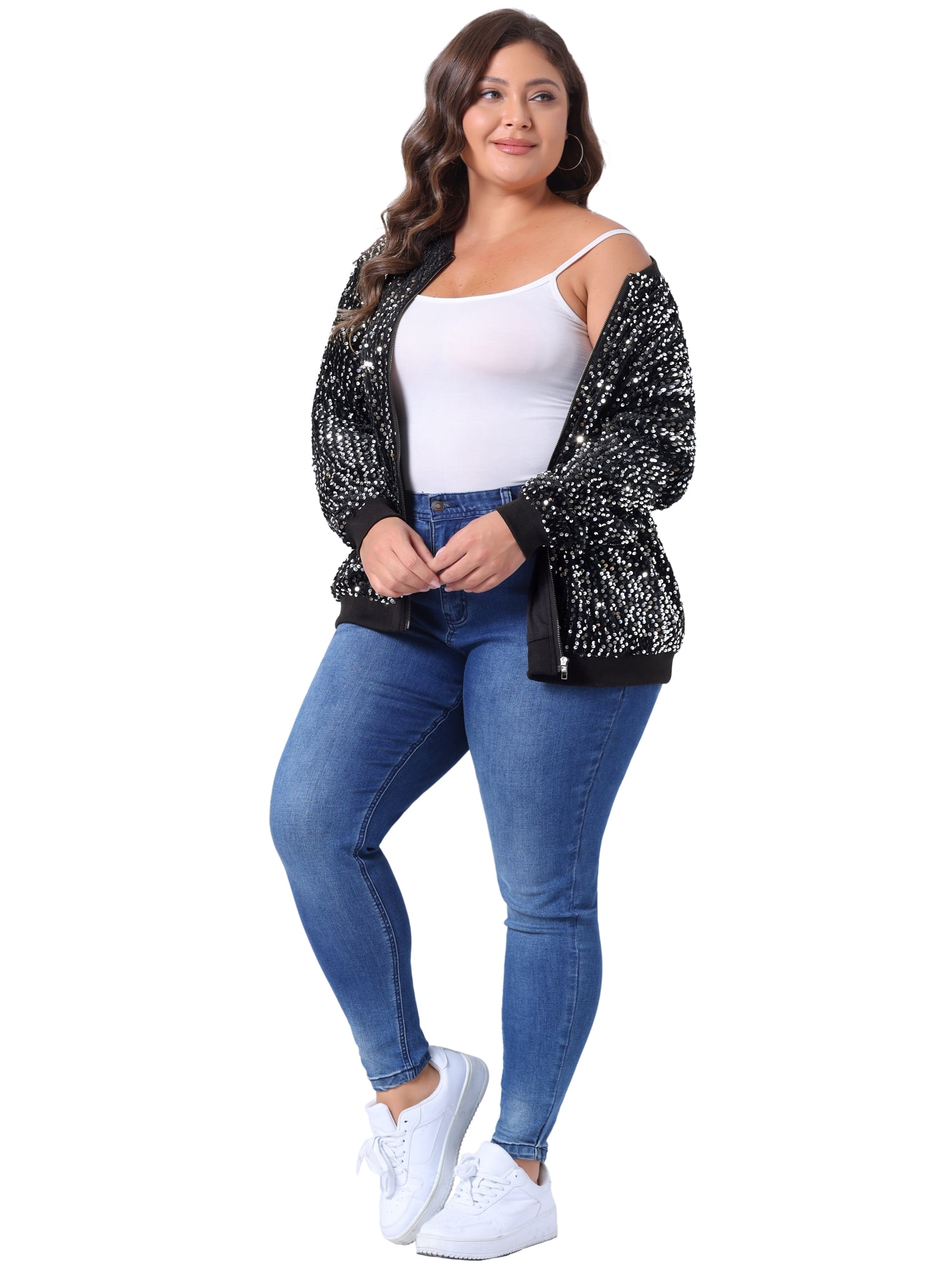 DARING DIVA Plus Size Sequin Sparkle Long Sleeve Front Zip Bomber Jacket 3X Silver