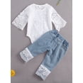 thumbnail image 5 of 2Pcs Newborn Baby Girls Flare Sleeve Lace Floral Romper Bodysuit Denim Jeans Pants Outfits Set, 5 of 6