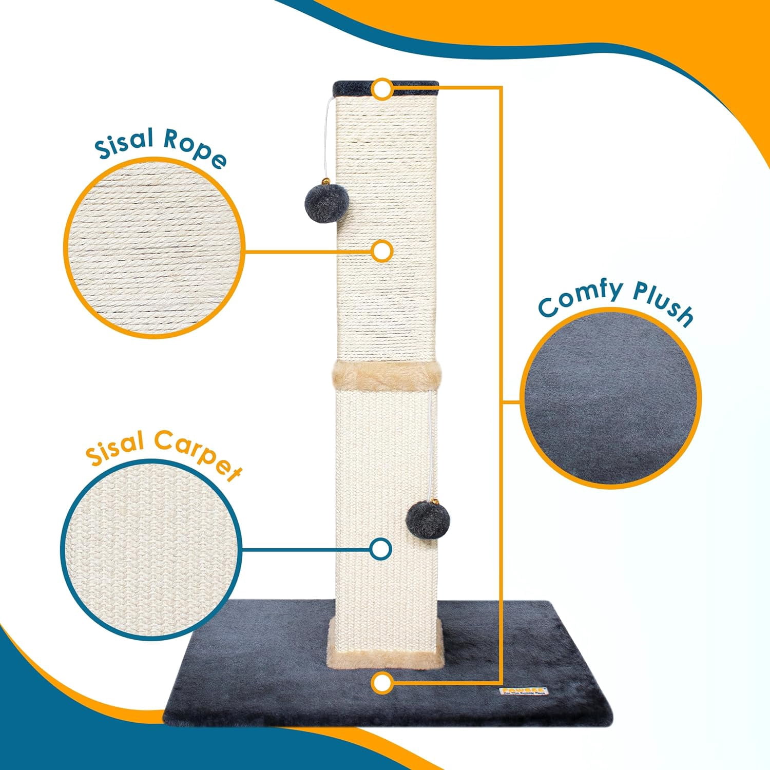 PAWBEE Cat Scratch Post Tower, 32” Tall, Sisal Scratcher with Jingle Bells & Plush Balls, Larger Base for Stability