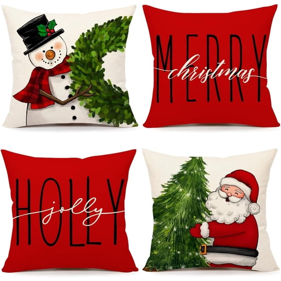 Christmas Pillow Covers, Set of 4 Red 18x18 Inches Farmhouse Style with Snowman, Wreath, Santa, Tree Patterns, Holiday Decor for Couch, Sofa, Living Room, Bedroom