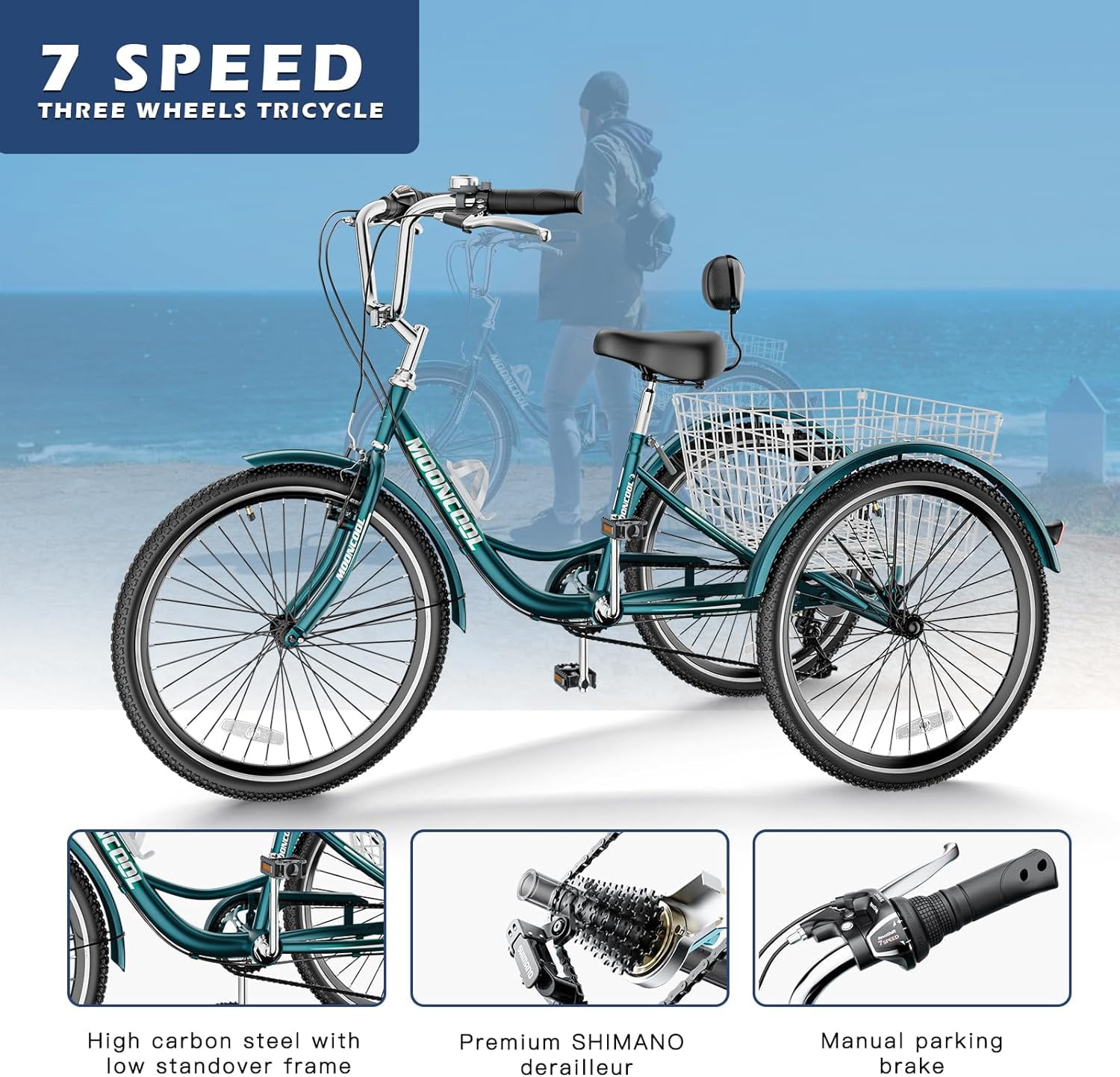 MOONCOOL Adult Tricycles 7 Speed, 16/20/24/26 inch 3 Wheel Bikes, Three-Wheeled Bicycles Cruise Trike with Shopping Basket for Seniors, Women, Men, Teenager, Kids