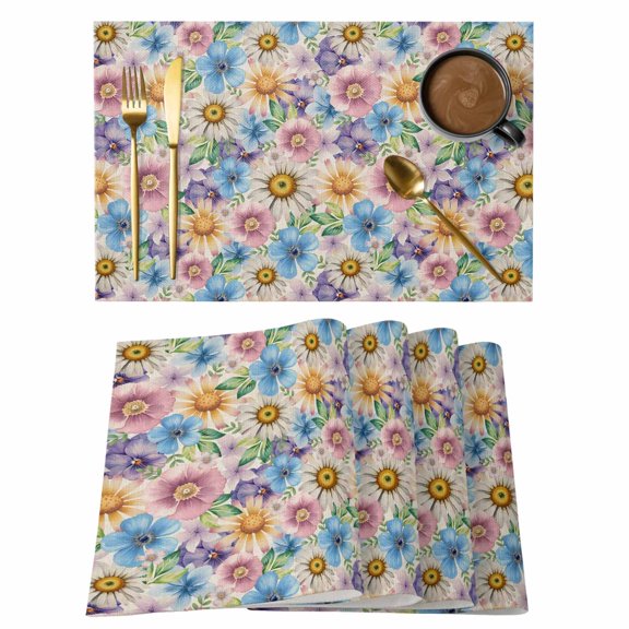Watercolor Flowers Placemats Set of 8, Spring Floral Daisy Plants Country Beige Placemats for Dining Table, Place Mats for Kitchen Tabletop, Waterproof Wipeable Dining Table Mats Set