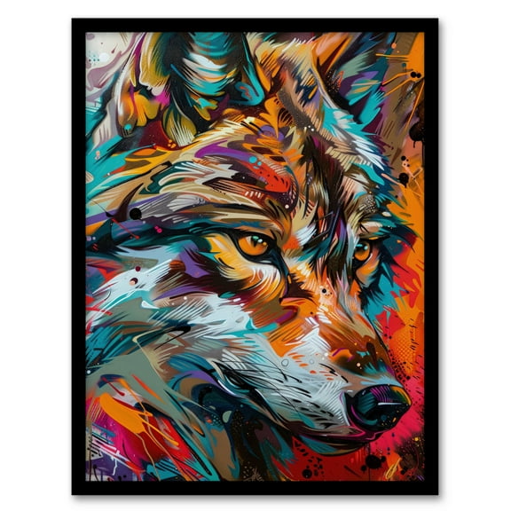 Artery8 Colourful Abstract Wolf Head Portrait Painting For Living Room Art Print Framed Poster Wall Decor 12x16 inch