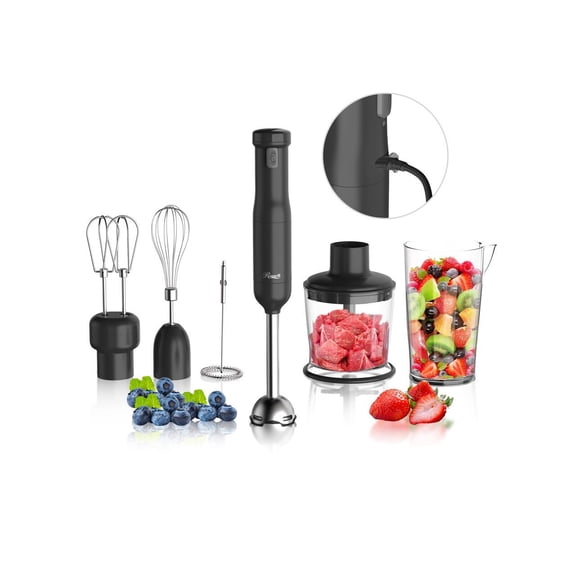 Rosewill 6-in-1 Multi-Speed Cordless Rechargeable Immersion Hand Blender, Heavy Duty Motor - Stick Blender, Beaker, Whisk, Chopper, Dual Beater, Milk Frother - For Smoothies, Baby Food, Soup - Black
