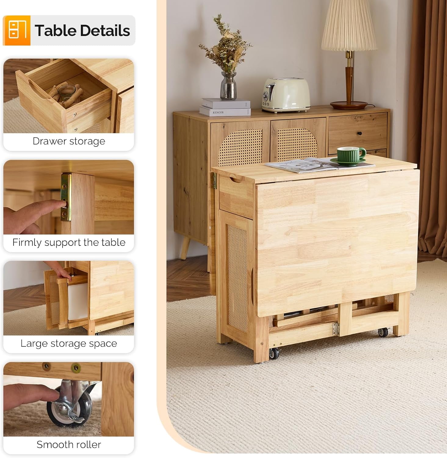 VINGLI Folding Dining Table Extendable Drop Leaf Foldable Table 5 Piece with 4 Chairs 2 Drawers and Wheels for Kitchen Space Saving，Natural