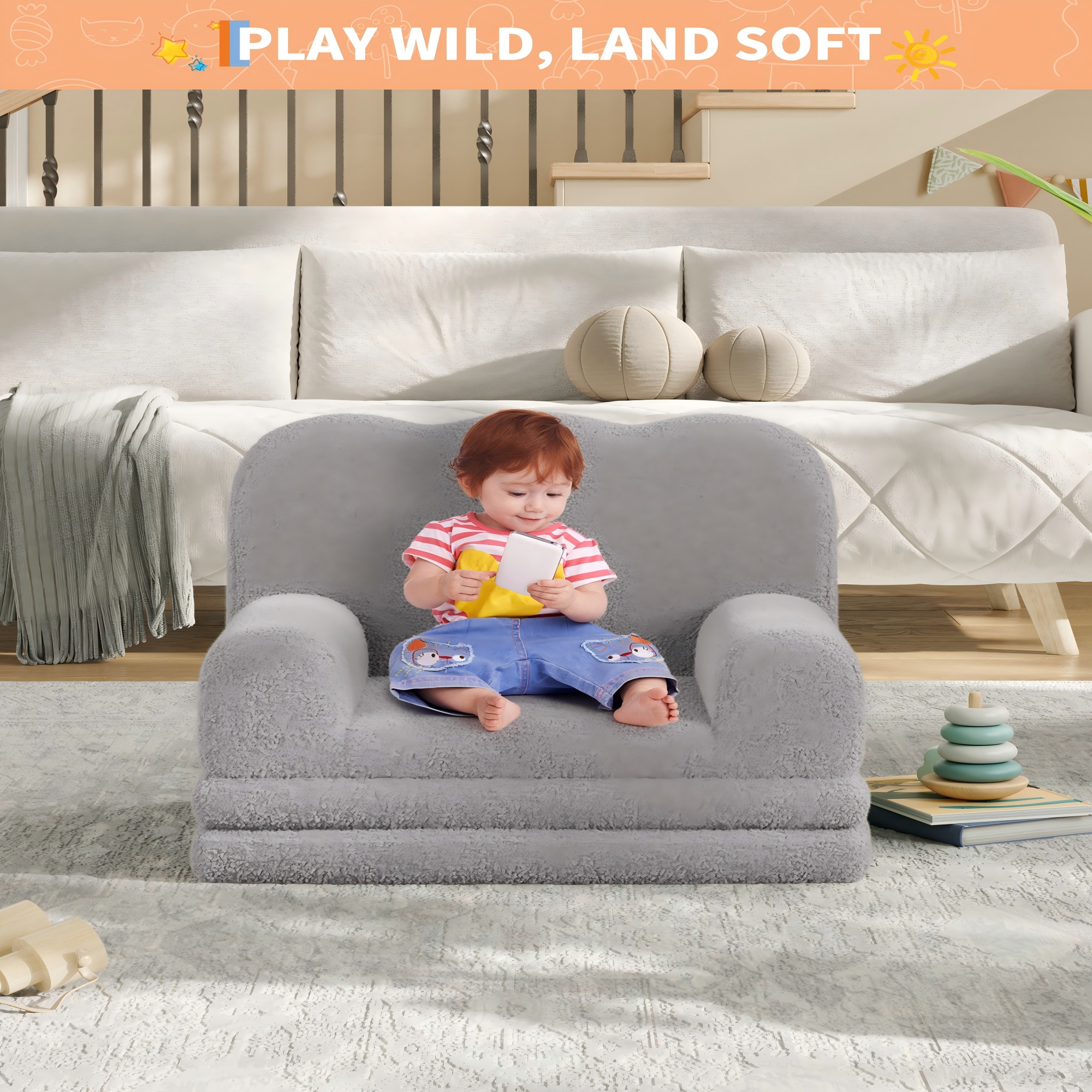 COZONY 2-in-1 Kids Couch, Convertible Toddler Sofa Chair, Fold-Out Teddy Fleece Lounger, Kid’s Sofa Bed