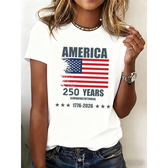 Retro America 250 Years Semiquincentennial 1776-2026 Patriotic USA Flag Women's Graphic T-Shirt Short Sleeve Cotton Tee White