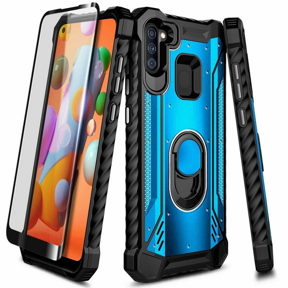 For Samsung Galaxy A11 Case, with Tempered Glass Screen Protector (Full Coverage), Aluminum Metal Built-in Ring Stand, Full-Body Protective Shockproof Military Bumper Phone Cover (Blue)