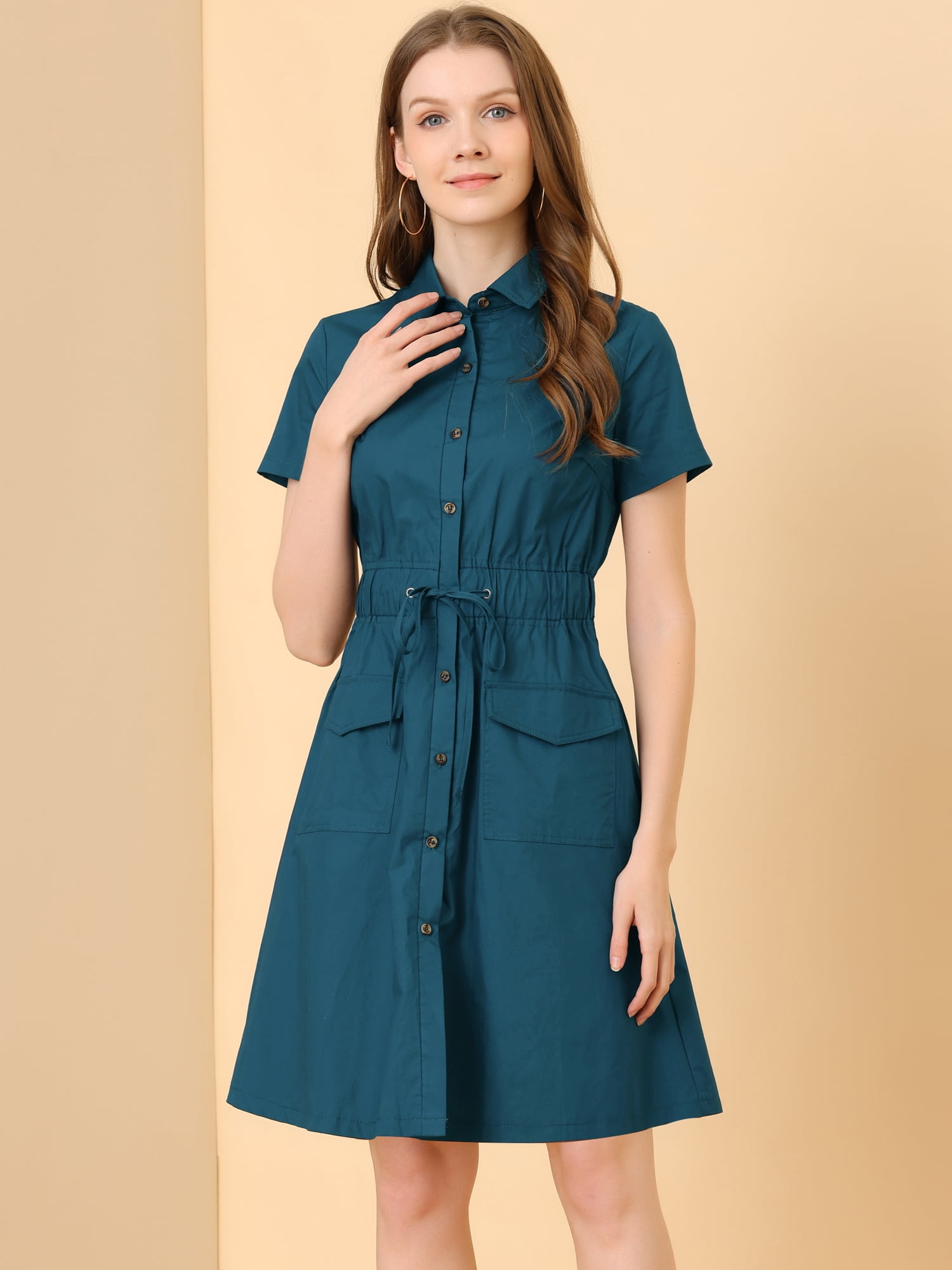 DARING DIVA Collar Elastic Waist Above Knee Dress with Pocket XL Navy Blue