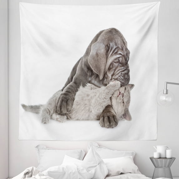 Dog and Cat Tapestry, Mastiff Puppy Hugging a Cat Cozy Friendly Passionate Feelings, Fabric Wall Hanging Decor for Bedroom Living Room Dorm, 5 Sizes, Dark Taupe Dust, by Ambesonne