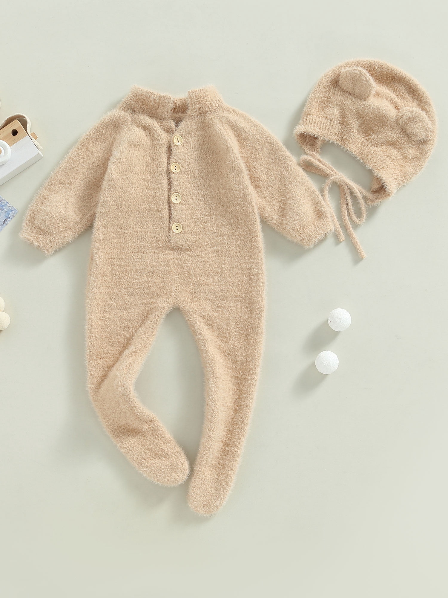 Arvbitana Infant Baby Girl Boy Plush Jumpsuit Long Sleeve Round Neck Button Closure Solid Color Playsuit  + Hat Winter Warm One Pieces Clothes for Infant 2Pcs 0-24M