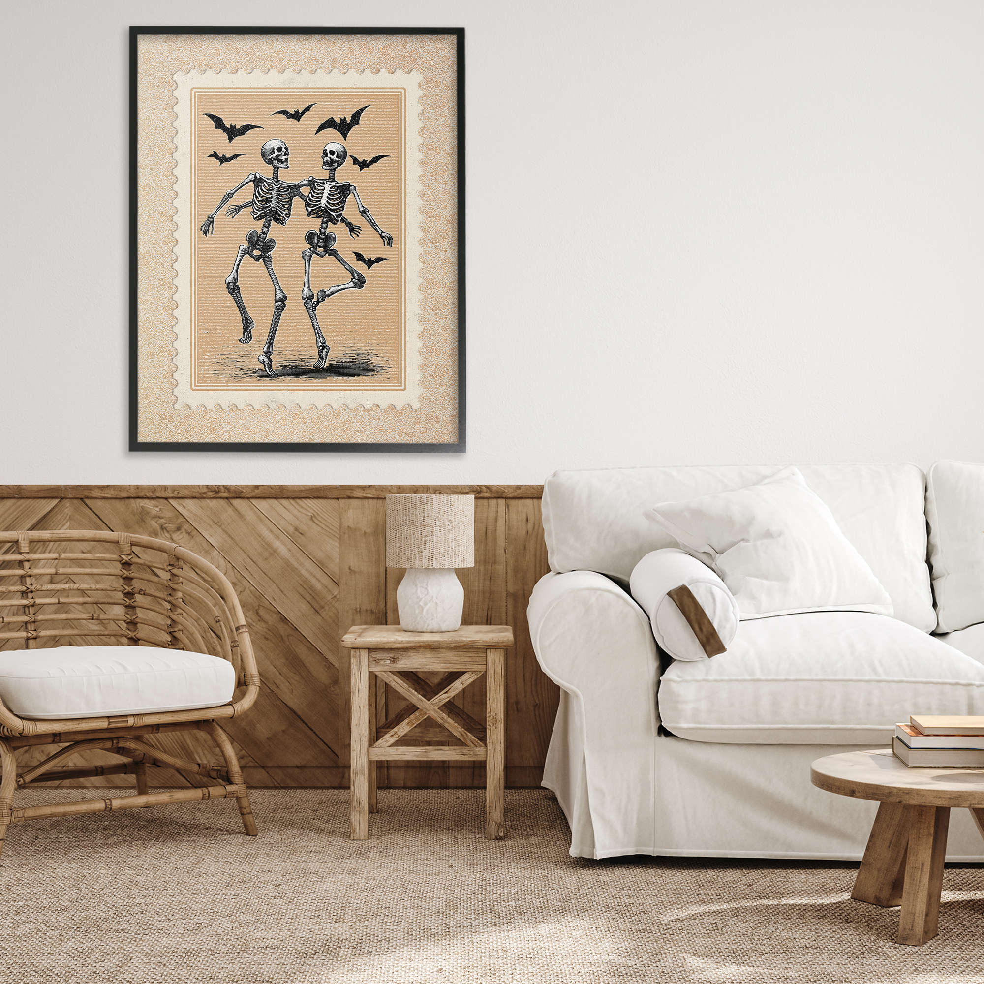 Vintage Dancing Skeletons Stamp Black Framed Giclee Art, design by Arlington Prints