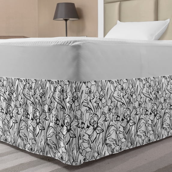 Modern Floral Bed Skirt, Highly Detailed Hand Drawn Like Daffodil Flowers Monochrome Sketch, Elastic Bedskirt Dust Ruffle Wrap Around for Bedding Decor, 4 Sizes, White and Pale Taupe, by Ambesonne