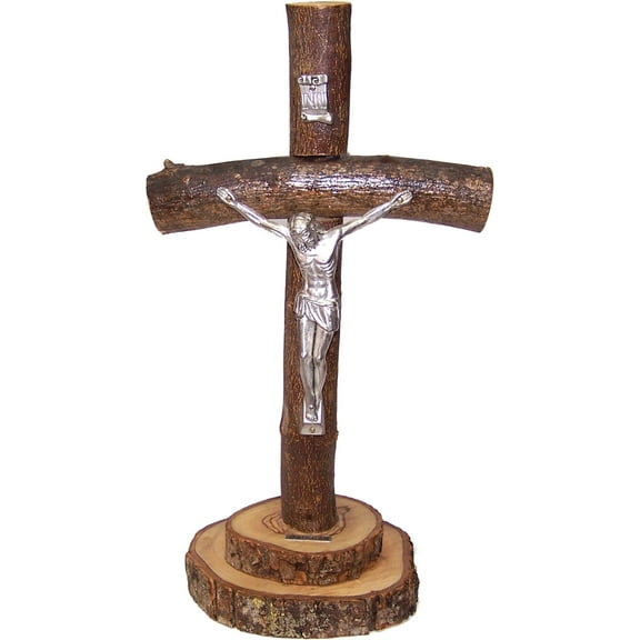 Holy Land Market Table natural Olive wood Cross/Crucifix with with bark left as is (10 Inch)