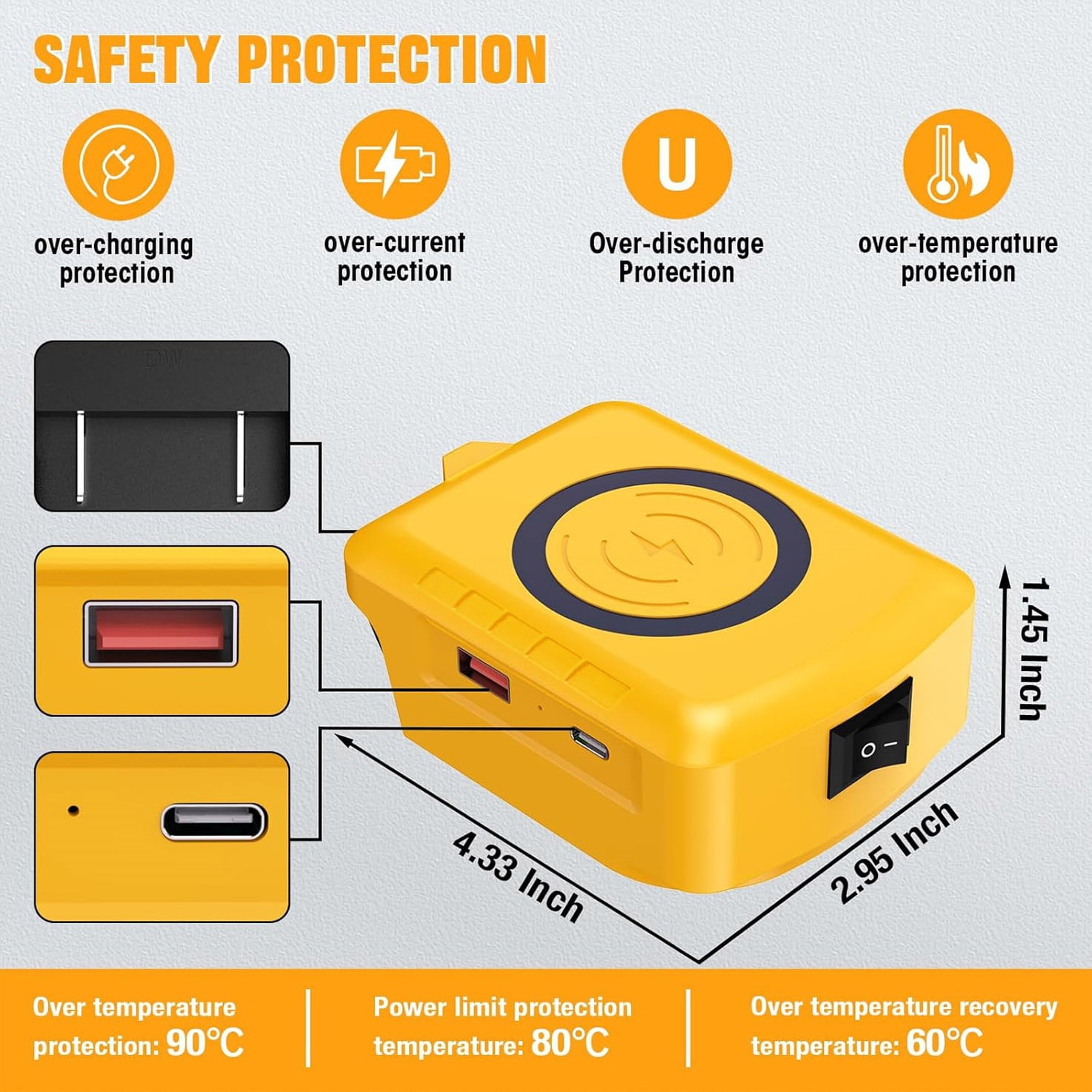 3 Packs For Dewalt 18/20V Battery Fast Wireless Charger Adapter, Upgraded Heavy-Duty Power Bank & Dual USB/Type-C Charging Station for 20V MAX, Compatible with Phones Tablets