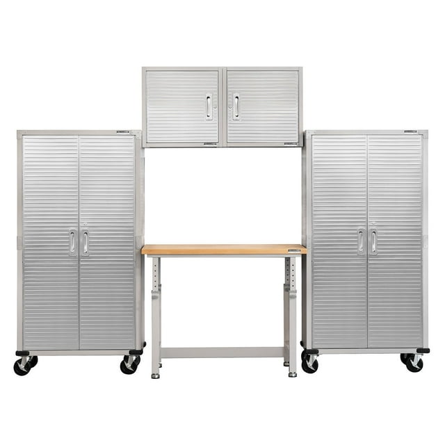 Seville Classics UltraHD 5-Piece Steel Garage Cabinet Storage Set With Height Adjustable Workbench, 10' Wide