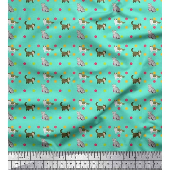 Soimoi Polyester Crepe Fabric Dot & Cat Animal Print Fabric by Yard 42 Inch Wide