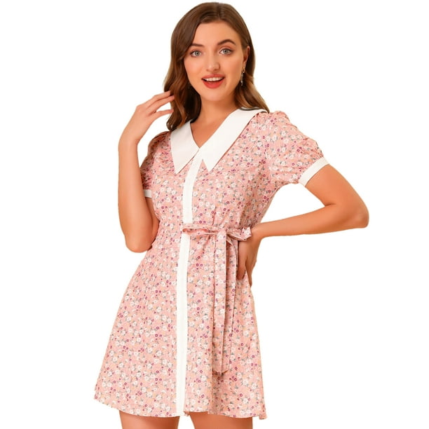 Vestido Floral Para Mujer, Con Cuello En Punta, Abotonado, Vestidos Con Cinturón Rosa M