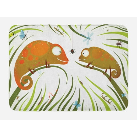 Hungry Animal - Chameleons Bath Mat, Hungry Animals Grass Looking at Spider Insect World Illustration Worm Ladybug, Non-Slip Plush Mat Bathroom Kitchen Laundry Room Decor, 29.5 X 17.5 Inches, Multicolor, Ambesonne