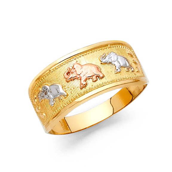 14k Tri Color Real Solid Gold Lucky Elephant Symbol Ring 9mm
