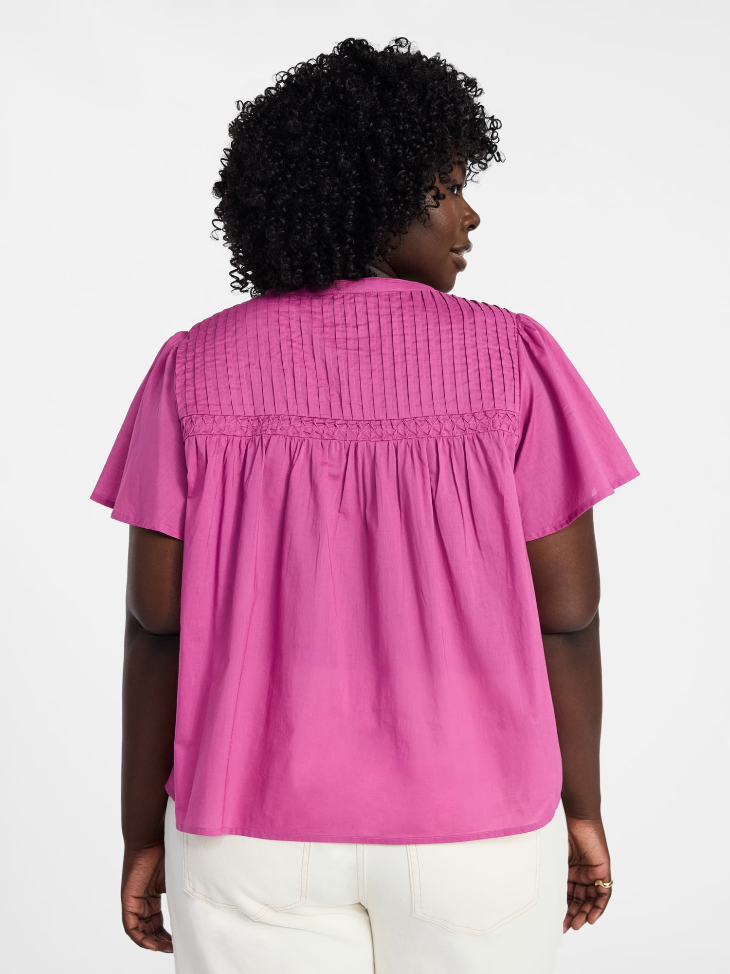 Terra & Sky Women’s Pleated Yoke Top with Short Flutter Sleeves, Sizes 0X-5X