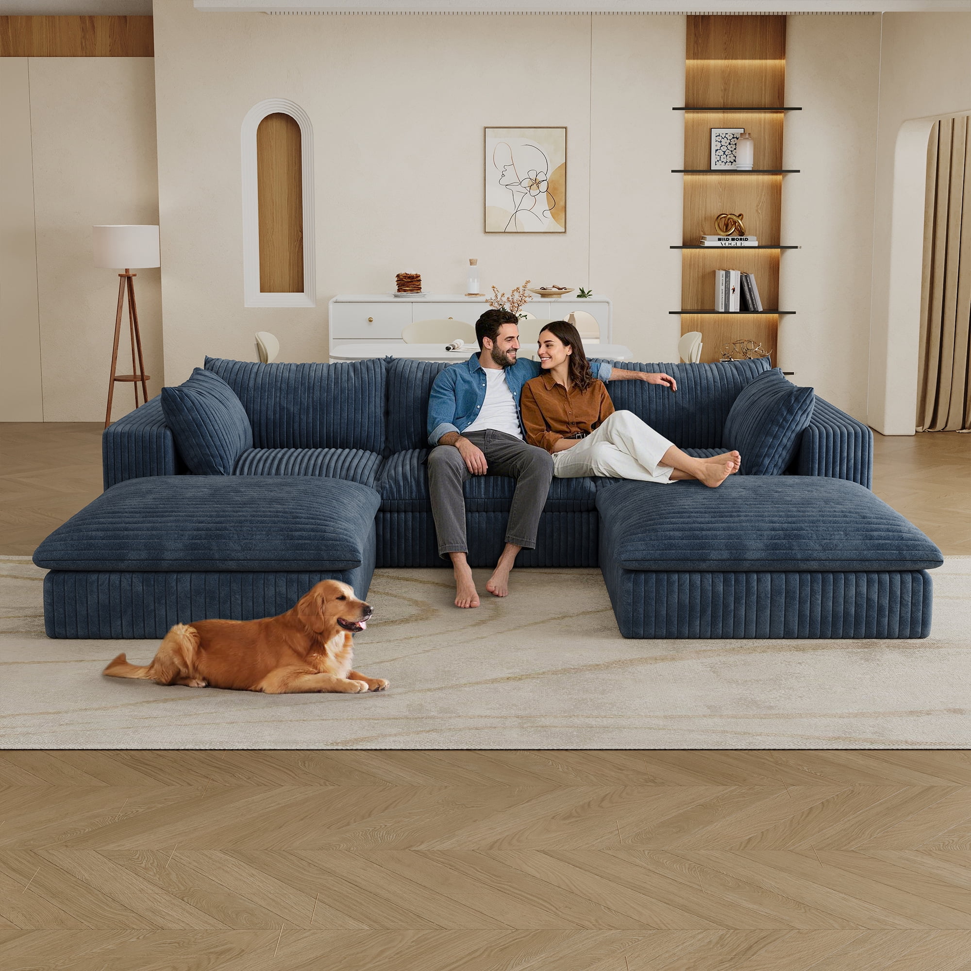 Muumblus 118" Oversized Modular Sectional Sofa with 2 Movable Ottomans, U-Shaped Deep Seat Corduroy Cloud Couch, No Assembly Boneless Sleeper Sofa for Living Room, Blue