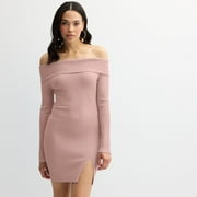 Juniors' madden girl Rib Knit Foldover Off-Shoulder Long Sleeve Bodycon Mini Dress Color: Light Pink Size: LARGE