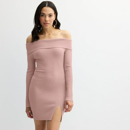 Juniors' madden girl Rib Knit Foldover Off-Shoulder Long Sleeve Bodycon Mini Dress Color: Light Pink Size: X LARGE