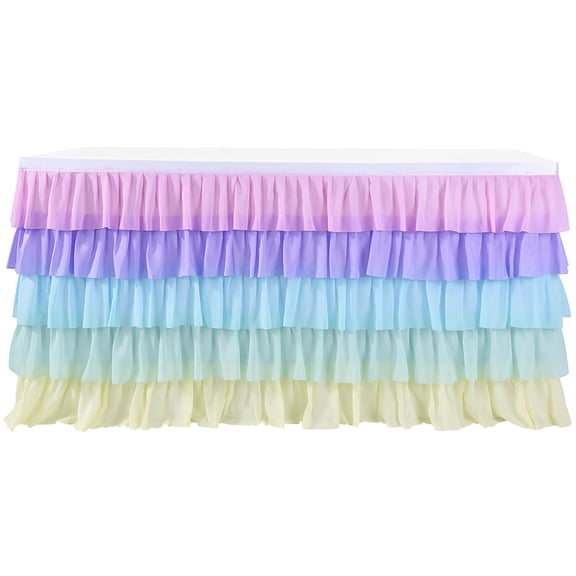 Multicolor Chiffon Table Skirt 6 ft/1.85 m Long, 30 in/0.77 m High, Dreamy Cake Style Design, Fluffy Tulle Tutu Skirting for Rectangle and Round Tables, Party Decorations